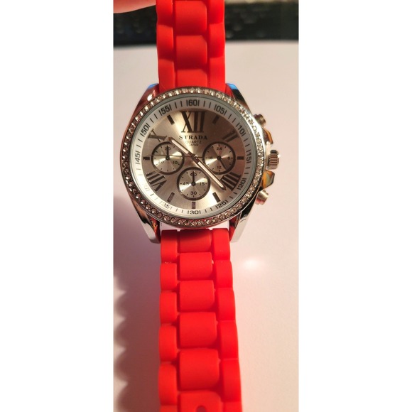 STRADA GENOA Women's Rhinestone Accent Watch RED Silicone Strap Chronograph - Picture 5 of 8